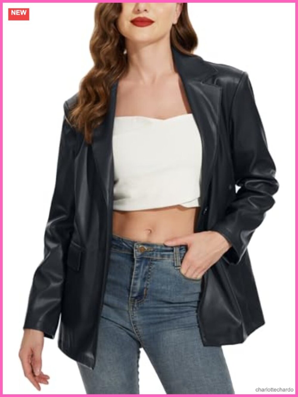Faux Leather Blazer Jacket Oversized Casual Coat Long Sleeve Turn Down Collar